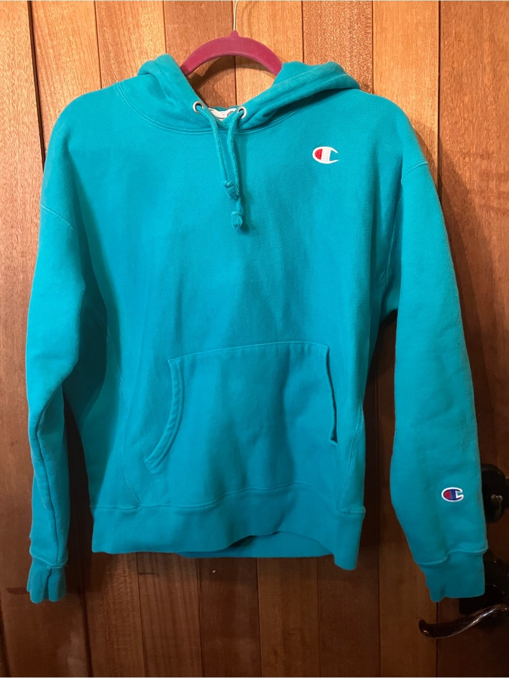 Champion Teal Pullover Crewneck Hoodie with Small Logos